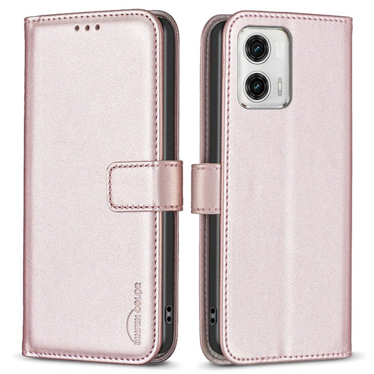 BINFEN COLOR BF17 Wallet Leather Phone Cover For Motorola Moto G73 5G Magnetic Closure Phone Stand Case - Rose Gold
