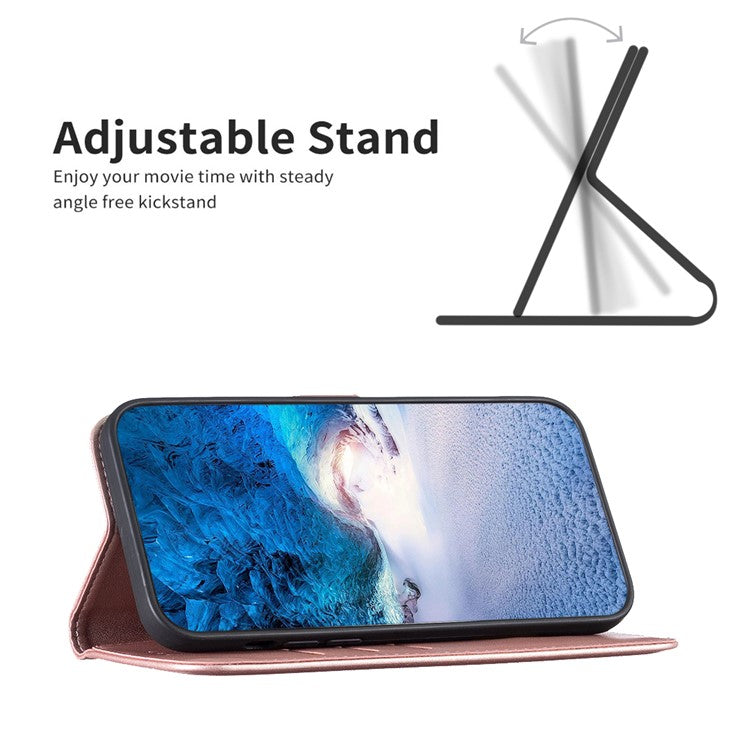 BINFEN COLOR BF17 Wallet Leather Phone Cover For Motorola Moto G73 5G Magnetic Closure Phone Stand Case - Rose Gold