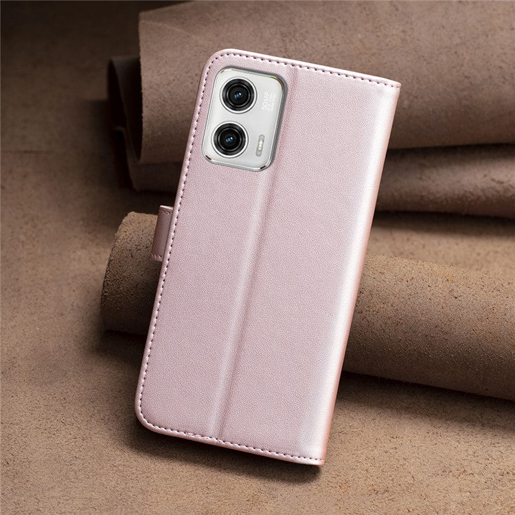 BINFEN COLOR BF17 Wallet Leather Phone Cover For Motorola Moto G73 5G Magnetic Closure Phone Stand Case - Rose Gold
