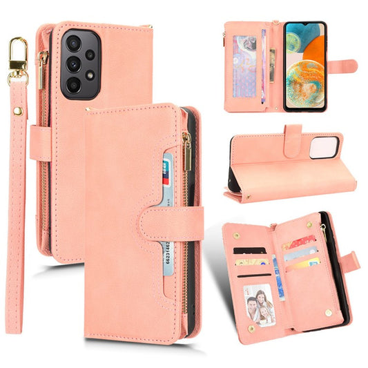 For Samsung Galaxy A23 4G / A23 5G (Global Version) Zipper Pocket Leather Wallet Phone Case Cellphone Stand Cover - Pink