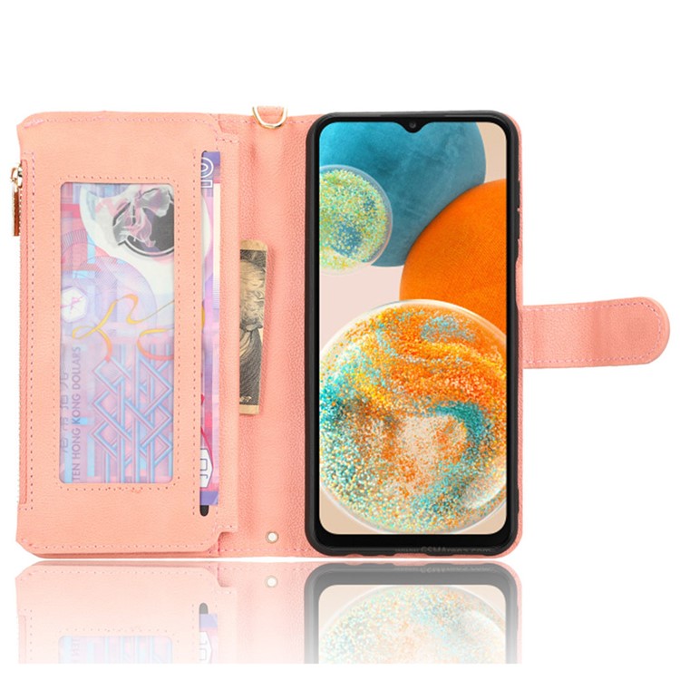 For Samsung Galaxy A23 4G / A23 5G (Global Version) Zipper Pocket Leather Wallet Phone Case Cellphone Stand Cover - Pink