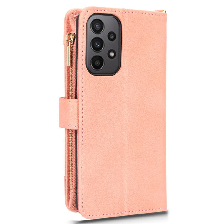 For Samsung Galaxy A23 4G / A23 5G (Global Version) Zipper Pocket Leather Wallet Phone Case Cellphone Stand Cover - Pink