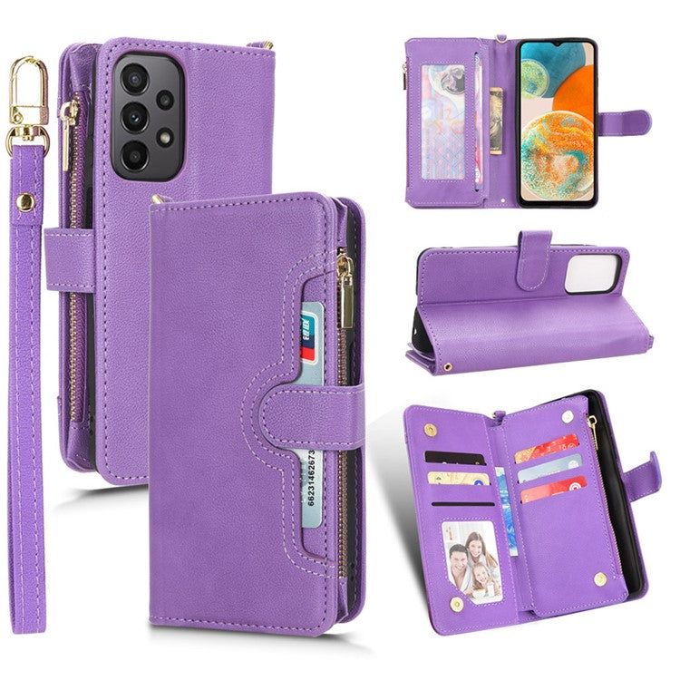 For Samsung Galaxy A23 4G / A23 5G (Global Version) Zipper Pocket Leather Wallet Phone Case Cellphone Stand Cover - Purple