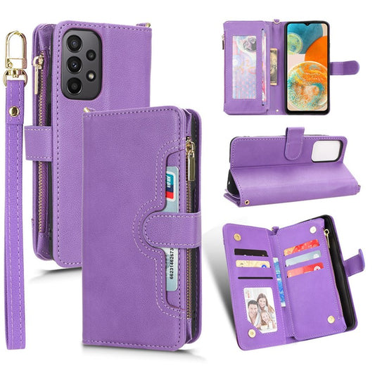For Samsung Galaxy A23 4G / A23 5G (Global Version) Zipper Pocket Leather Wallet Phone Case Cellphone Stand Cover - Purple