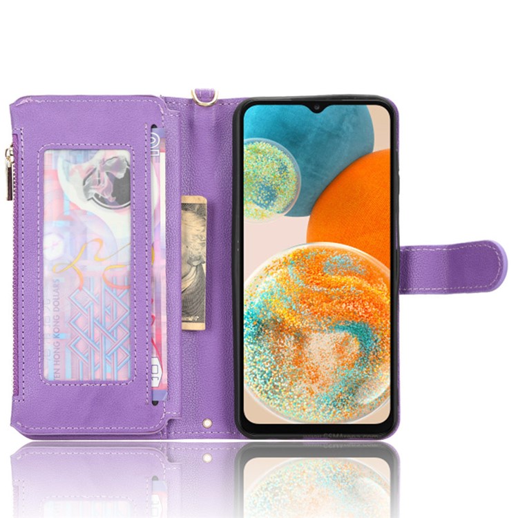 For Samsung Galaxy A23 4G / A23 5G (Global Version) Zipper Pocket Leather Wallet Phone Case Cellphone Stand Cover - Purple
