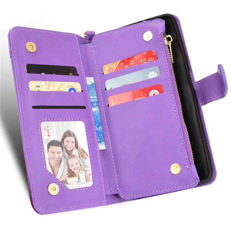 For Samsung Galaxy A23 4G / A23 5G (Global Version) Zipper Pocket Leather Wallet Phone Case Cellphone Stand Cover - Purple
