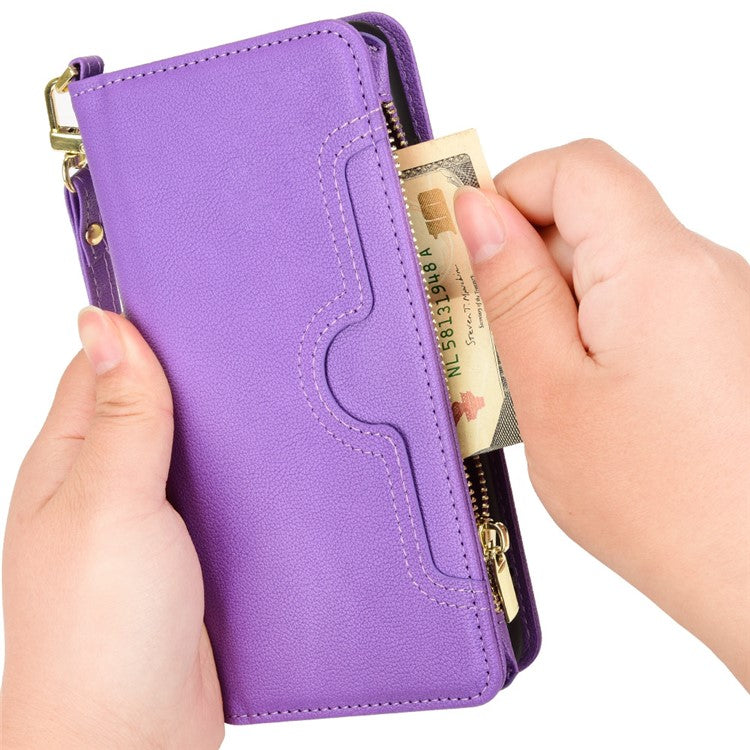 For Samsung Galaxy A23 4G / A23 5G (Global Version) Zipper Pocket Leather Wallet Phone Case Cellphone Stand Cover - Purple