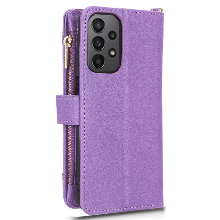 For Samsung Galaxy A23 4G / A23 5G (Global Version) Zipper Pocket Leather Wallet Phone Case Cellphone Stand Cover - Purple