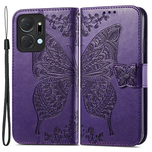 Wallet Phone Case for Honor X7a 4G / Play 40 Plus 5G , PU Leather Stand Butterfly Imprinted Cover - Purple