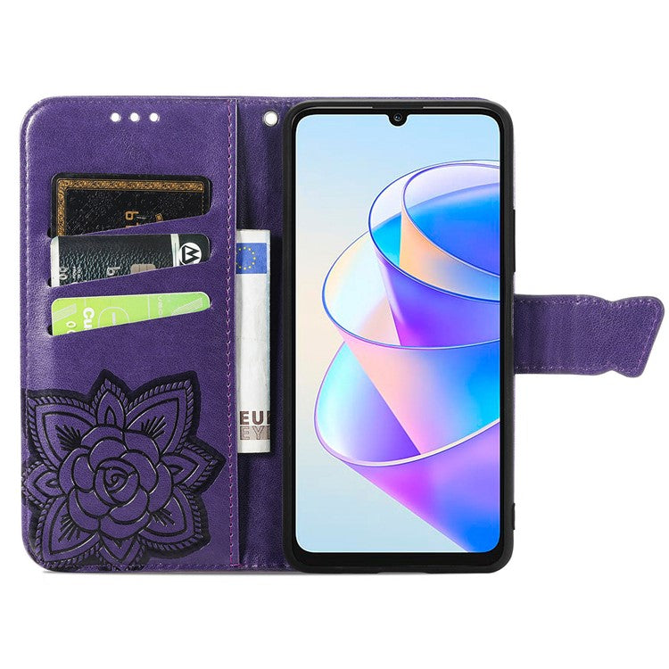 Wallet Phone Case for Honor X7a 4G / Play 40 Plus 5G , PU Leather Stand Butterfly Imprinted Cover - Purple