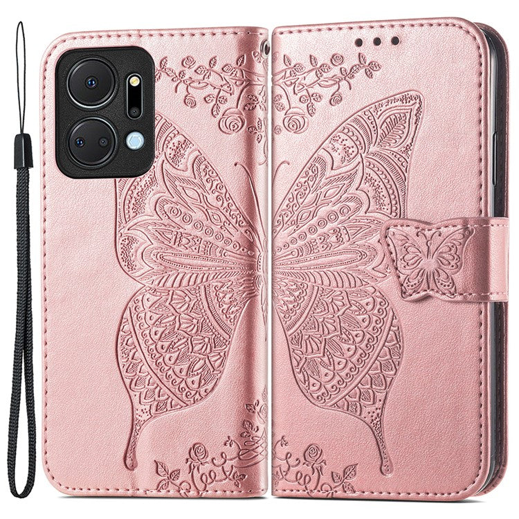 Wallet Phone Case for Honor X7a 4G / Play 40 Plus 5G , PU Leather Stand Butterfly Imprinted Cover - Rose Gold