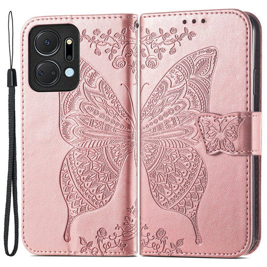 Wallet Phone Case for Honor X7a 4G / Play 40 Plus 5G , PU Leather Stand Butterfly Imprinted Cover - Rose Gold