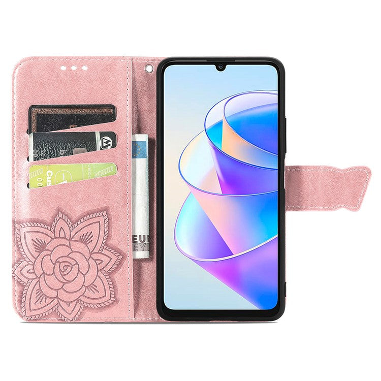 Wallet Phone Case for Honor X7a 4G / Play 40 Plus 5G , PU Leather Stand Butterfly Imprinted Cover - Rose Gold