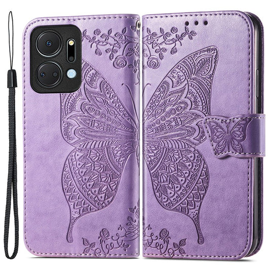Wallet Phone Case for Honor X7a 4G / Play 40 Plus 5G , PU Leather Stand Butterfly Imprinted Cover - Light Purple