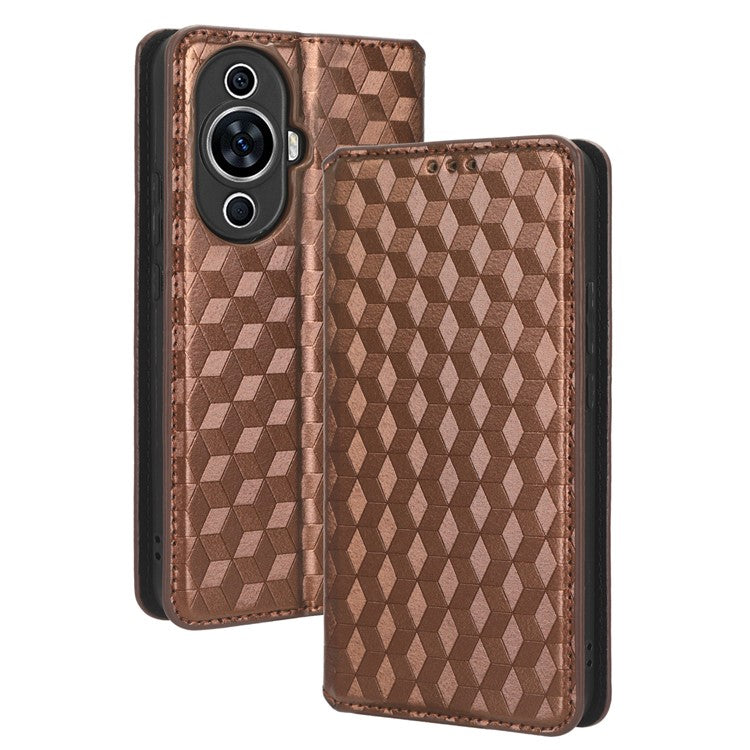 Phone Case for Huawei nova 11 / nova 12s 4G / nova 12 Lite 4G Stand Wallet Shockproof PU Leather Rhombus Imprinted Cover - Brown