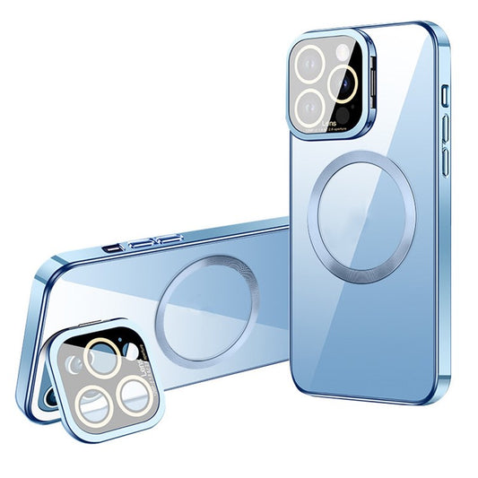 VOERO For iPhone 14 Pro Max Magnetic Phone Case Anti-Wear Glass Camera Film Protection Cover Kickstand Electroplating TPU Shell - Blue