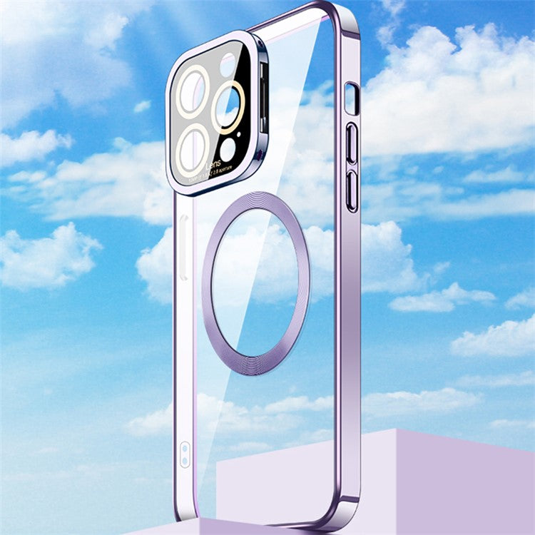 VOERO For iPhone 14 Pro Max Magnetic Phone Case Anti-Wear Glass Camera Film Protection Cover Kickstand Electroplating TPU Shell - Blue