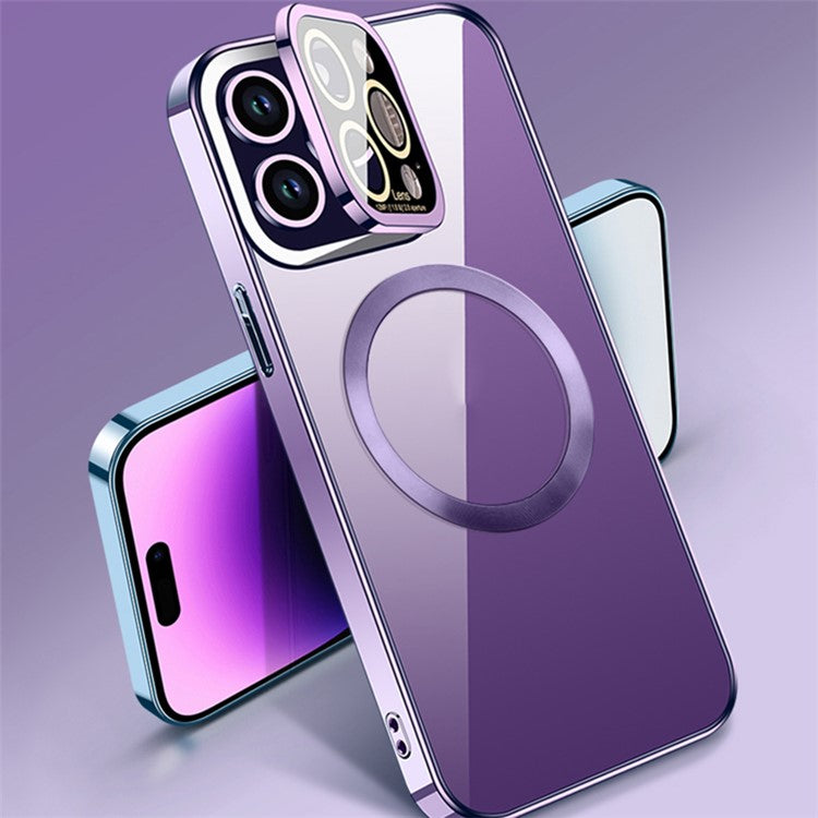 VOERO For iPhone 14 Pro Max Magnetic Phone Case Anti-Wear Glass Camera Film Protection Cover Kickstand Electroplating TPU Shell - Blue