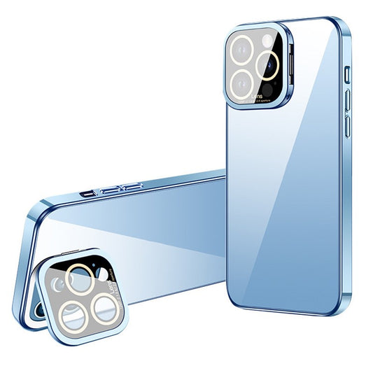 VOERO For iPhone 14 Pro Max Glass Camera Protection Film Kickstand Design Phone Case Electroplating TPU Phone Cover - Blue