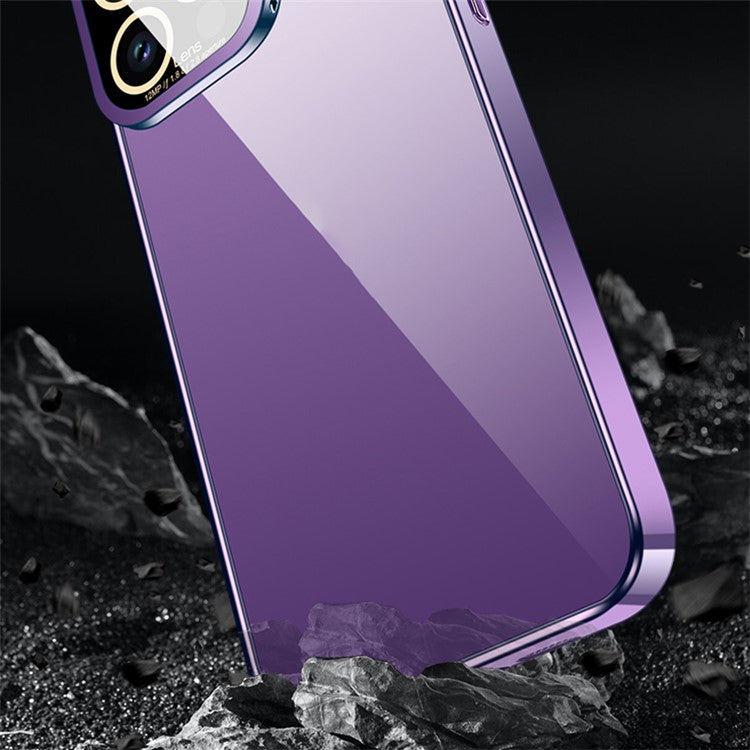 VOERO For iPhone 14 Pro Max Glass Camera Protection Film Kickstand Design Phone Case Electroplating TPU Phone Cover - Blue