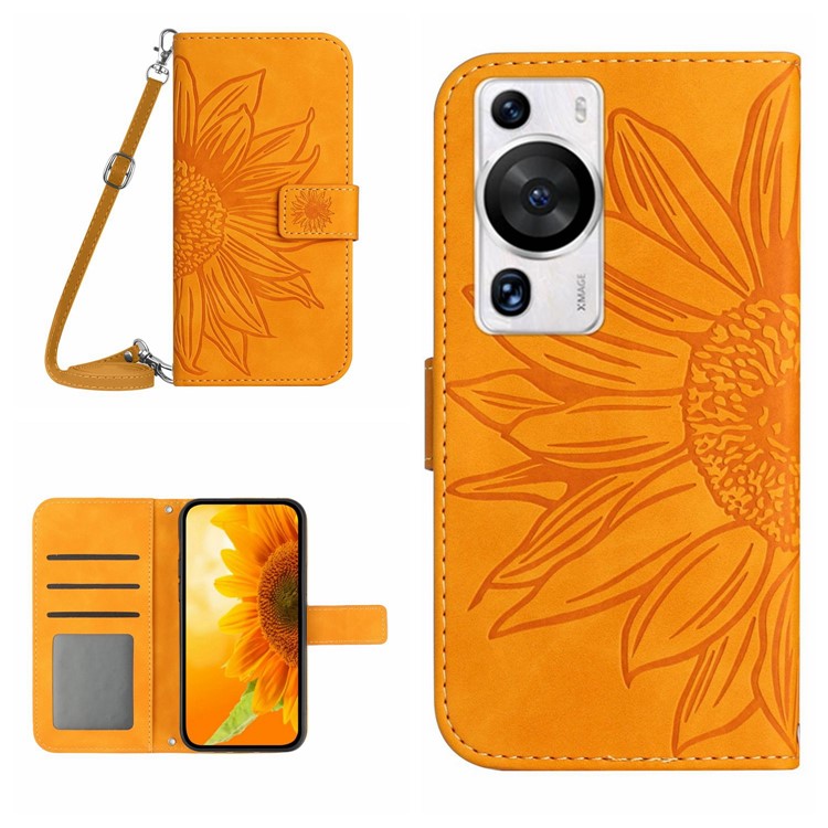 HT04 For Huawei P60 / P60 Pro Sunflower Imprinting Phone Case Leather Stand Wallet Cover with Shoulder Strap - Yellow