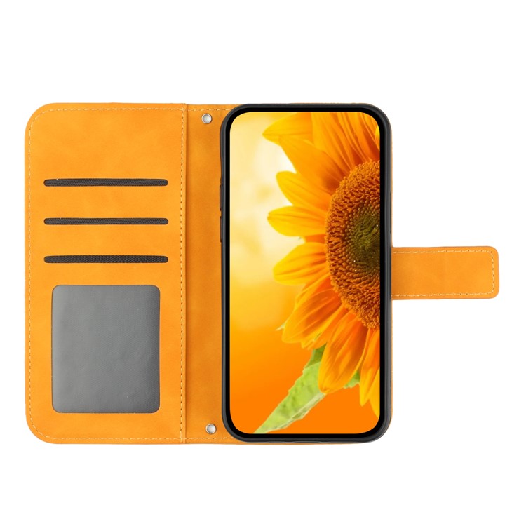 HT04 For Huawei P60 / P60 Pro Sunflower Imprinting Phone Case Leather Stand Wallet Cover with Shoulder Strap - Yellow