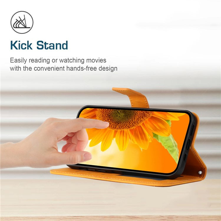 HT04 For Huawei P60 / P60 Pro Sunflower Imprinting Phone Case Leather Stand Wallet Cover with Shoulder Strap - Yellow