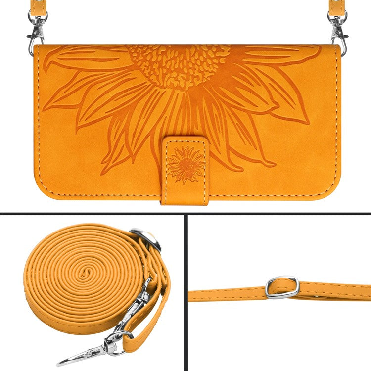 HT04 For Huawei P60 / P60 Pro Sunflower Imprinting Phone Case Leather Stand Wallet Cover with Shoulder Strap - Yellow