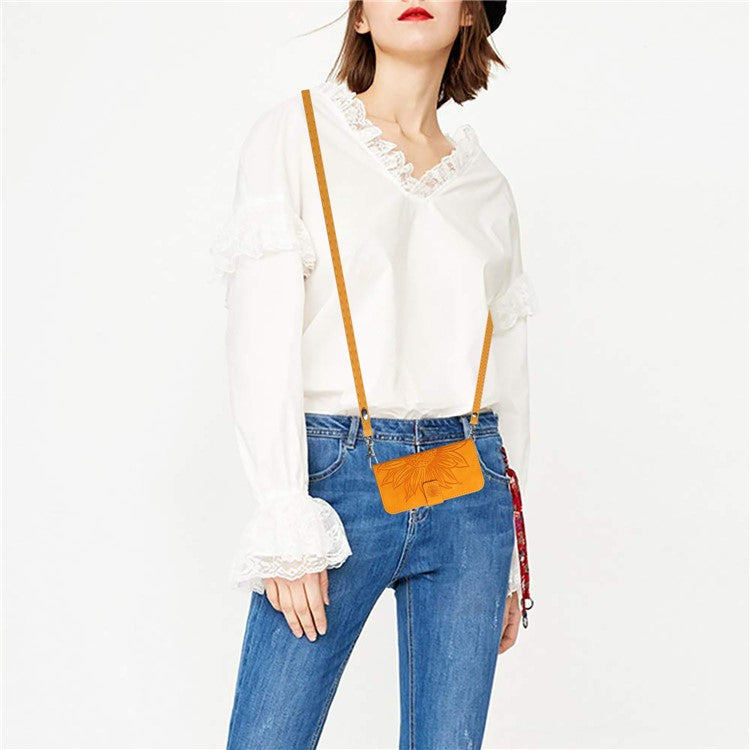 HT04 For Huawei P60 / P60 Pro Sunflower Imprinting Phone Case Leather Stand Wallet Cover with Shoulder Strap - Yellow