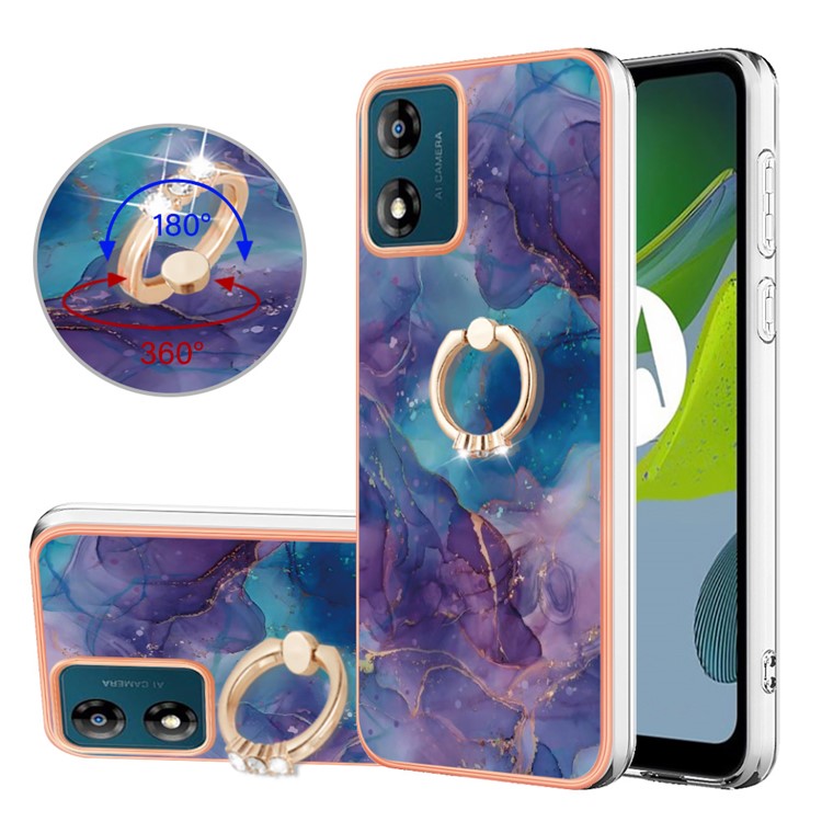 YB IMD Series-17 Style-E for Motorola Moto E13 4G Marble Pattern Electroplated Edge Phone Case with Ring Kickstand 2.0mm TPU IMD Cover - Purple