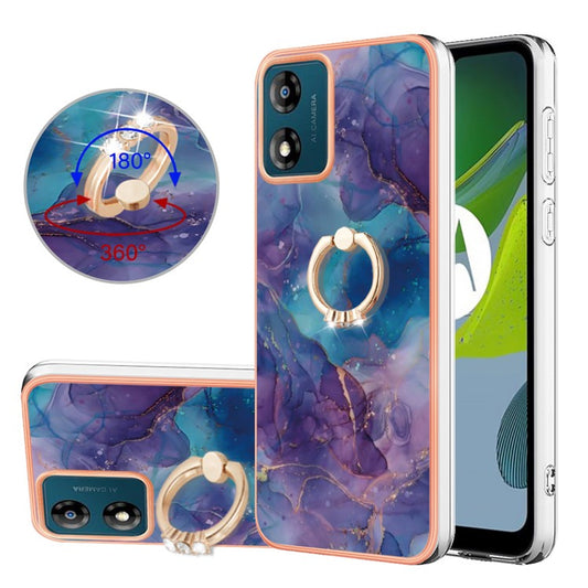 YB IMD Series-17 Style-E for Motorola Moto E13 4G Marble Pattern Electroplated Edge Phone Case with Ring Kickstand 2.0mm TPU IMD Cover - Purple