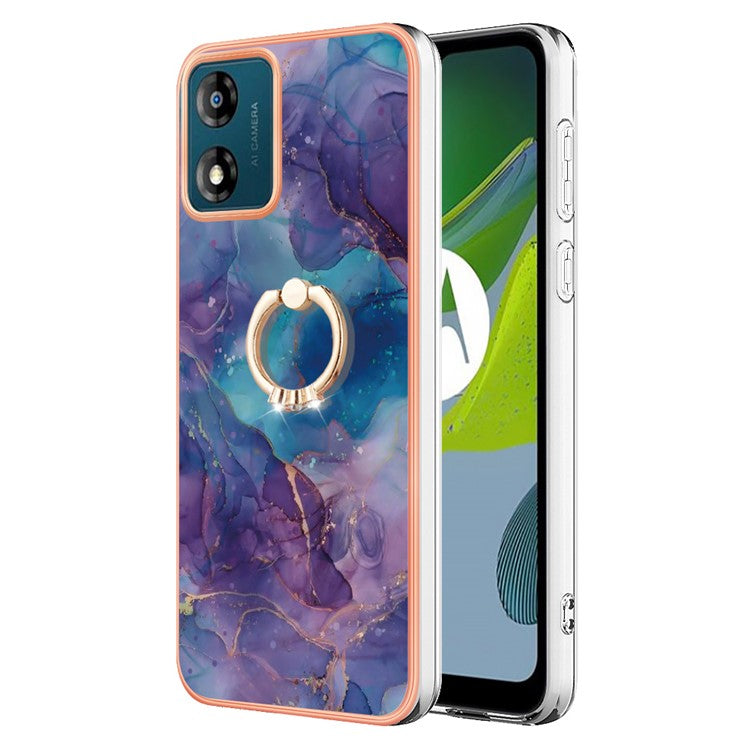 YB IMD Series-17 Style-E for Motorola Moto E13 4G Marble Pattern Electroplated Edge Phone Case with Ring Kickstand 2.0mm TPU IMD Cover - Purple