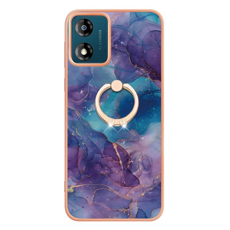 YB IMD Series-17 Style-E for Motorola Moto E13 4G Marble Pattern Electroplated Edge Phone Case with Ring Kickstand 2.0mm TPU IMD Cover - Purple