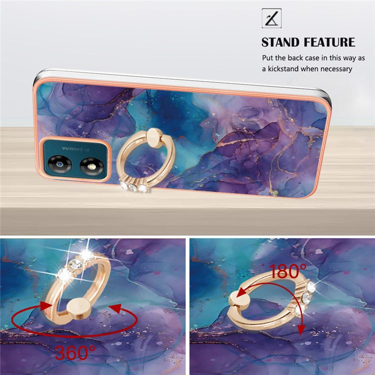 YB IMD Series-17 Style-E for Motorola Moto E13 4G Marble Pattern Electroplated Edge Phone Case with Ring Kickstand 2.0mm TPU IMD Cover - Purple