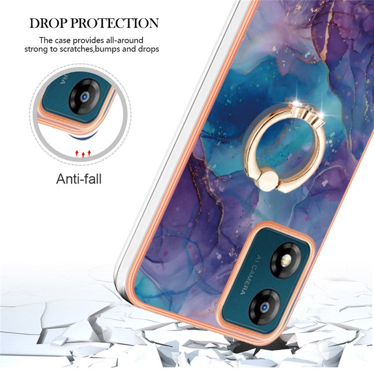 YB IMD Series-17 Style-E for Motorola Moto E13 4G Marble Pattern Electroplated Edge Phone Case with Ring Kickstand 2.0mm TPU IMD Cover - Purple