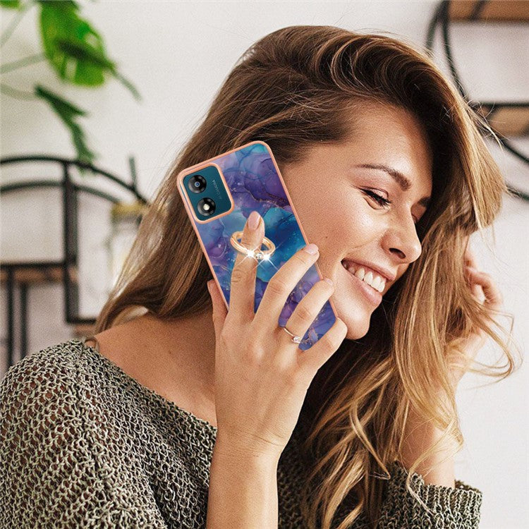 YB IMD Series-17 Style-E for Motorola Moto E13 4G Marble Pattern Electroplated Edge Phone Case with Ring Kickstand 2.0mm TPU IMD Cover - Purple