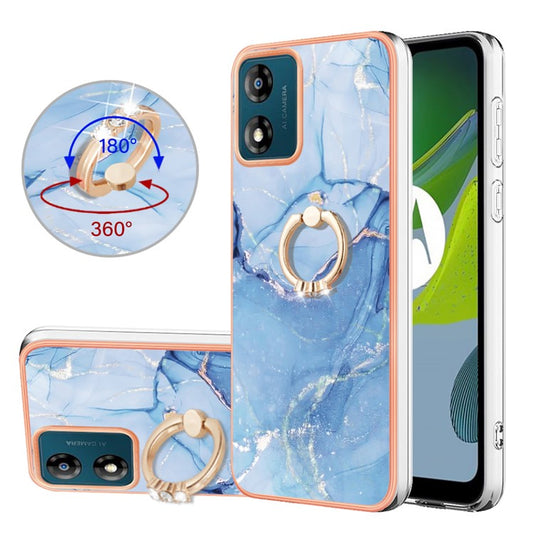 YB IMD Series-17 Style-E for Motorola Moto E13 4G Marble Pattern Electroplated Edge Phone Case with Ring Kickstand 2.0mm TPU IMD Cover - Blue