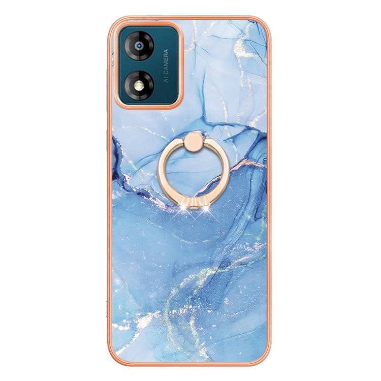 YB IMD Series-17 Style-E for Motorola Moto E13 4G Marble Pattern Electroplated Edge Phone Case with Ring Kickstand 2.0mm TPU IMD Cover - Blue