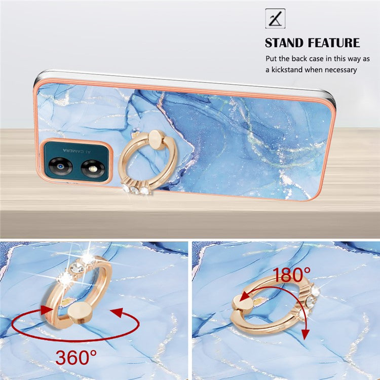 YB IMD Series-17 Style-E for Motorola Moto E13 4G Marble Pattern Electroplated Edge Phone Case with Ring Kickstand 2.0mm TPU IMD Cover - Blue
