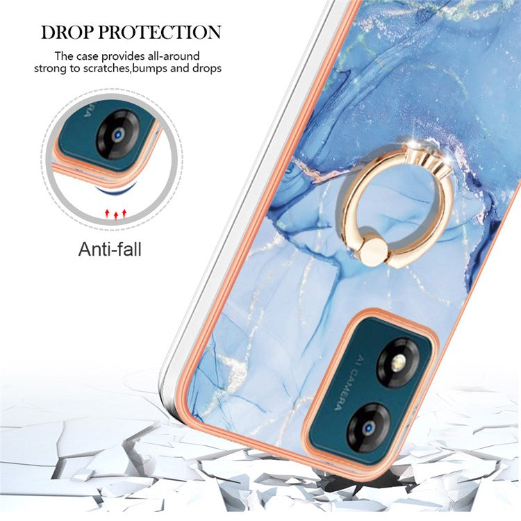YB IMD Series-17 Style-E for Motorola Moto E13 4G Marble Pattern Electroplated Edge Phone Case with Ring Kickstand 2.0mm TPU IMD Cover - Blue