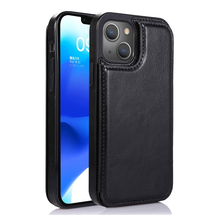 For iPhone 14 Crazy Horse Texture PU Leather Coated TPU Phone Case Card Holder Kickstand Cover - Black