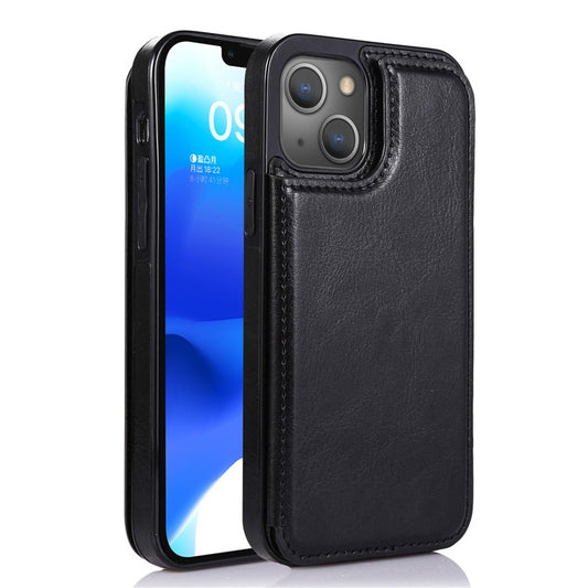 For iPhone 14 Crazy Horse Texture PU Leather Coated TPU Phone Case Card Holder Kickstand Cover - Black