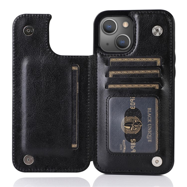 For iPhone 14 Crazy Horse Texture PU Leather Coated TPU Phone Case Card Holder Kickstand Cover - Black