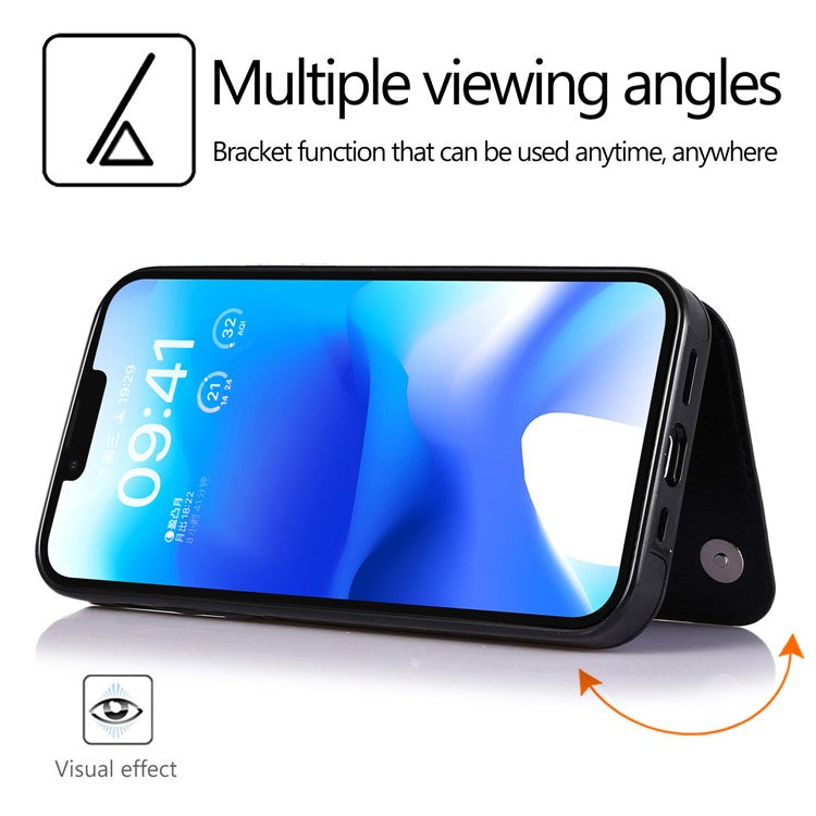 For iPhone 14 Crazy Horse Texture PU Leather Coated TPU Phone Case Card Holder Kickstand Cover - Black