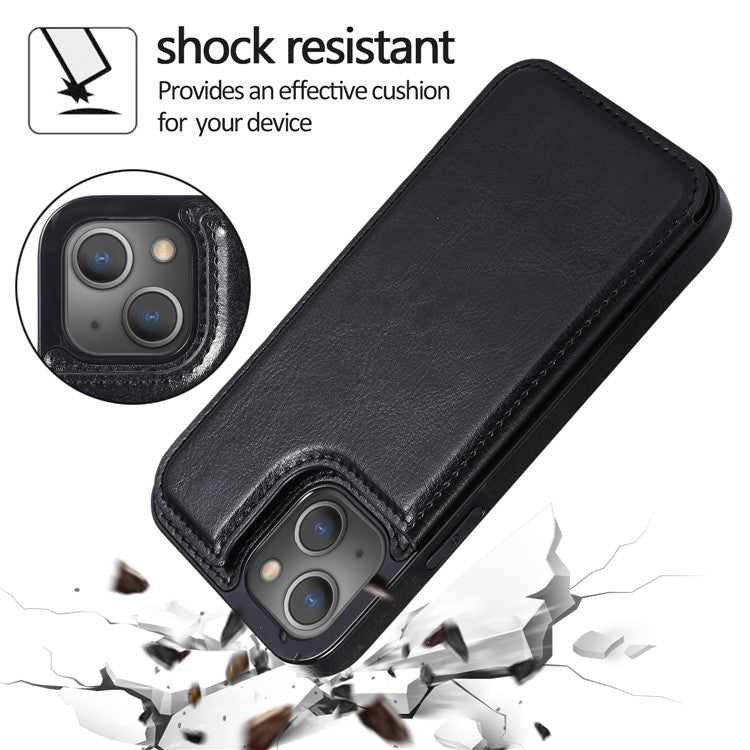 For iPhone 14 Crazy Horse Texture PU Leather Coated TPU Phone Case Card Holder Kickstand Cover - Black