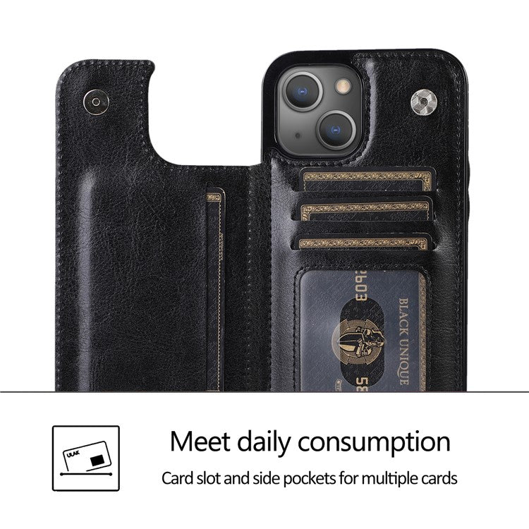 For iPhone 14 Crazy Horse Texture PU Leather Coated TPU Phone Case Card Holder Kickstand Cover - Black