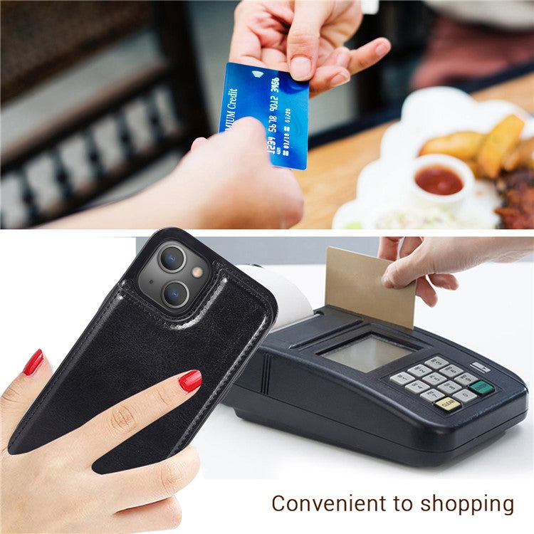 For iPhone 14 Crazy Horse Texture PU Leather Coated TPU Phone Case Card Holder Kickstand Cover - Black