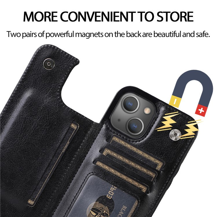For iPhone 14 Crazy Horse Texture PU Leather Coated TPU Phone Case Card Holder Kickstand Cover - Black