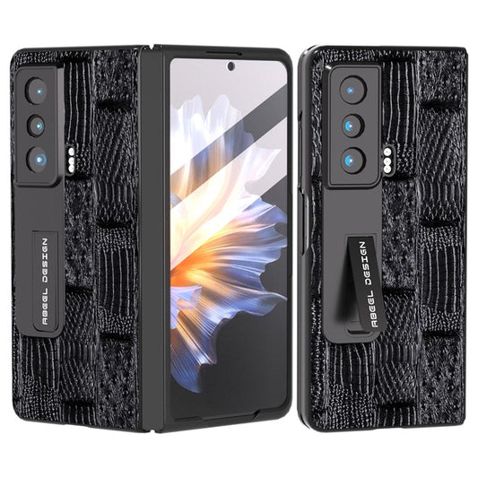 ABEEL For Honor Magic Vs 5G Genuine Cow Leather+PC Phone Case Mahjong Texture Kickstand Cover with Tempered Glass Film - Black