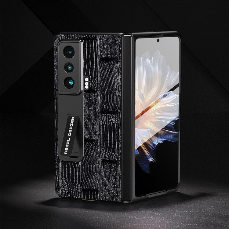 ABEEL For Honor Magic Vs 5G Genuine Cow Leather+PC Phone Case Mahjong Texture Kickstand Cover with Tempered Glass Film - Black
